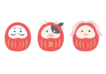 牛とアマビエのダルマ、普通のダルマのイラスト