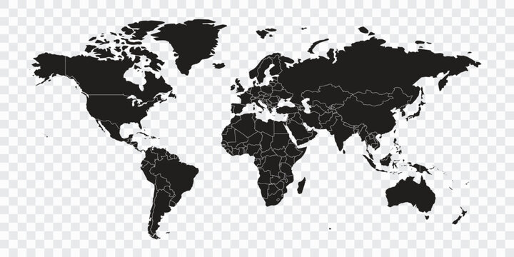 World map color black on white background. World map template with continents, North and South America, Europe and Asia, Africa and Australia
