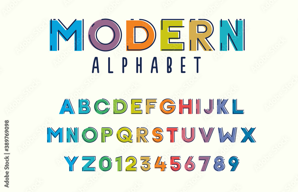 Aufkleber colorful alphabet typeface vector set. stylized expressive fun and cheerful font outlined with flat 