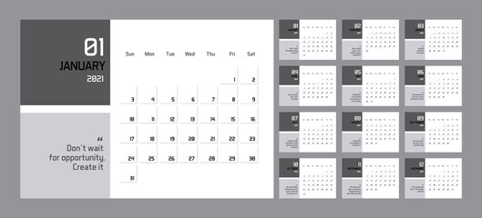 Modern minimal Calendar Planner Template for 2021. Vector design editable template with wise motivational quotes for success