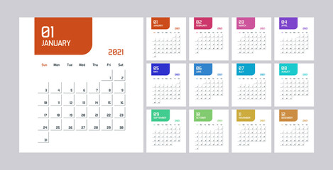 Modern minimal Calendar Planner Template for 2021. Vector design editable template