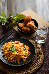 Asian food, stir fried spicy noodle vegetarian food concept