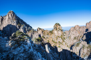 Beautiful view of rime in winter afternoon in Huangshan Scenic Area, Anhui, China