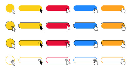 Click button. cursor pointer clicking on buttons, pointing hand clicks and color web ui buttons set