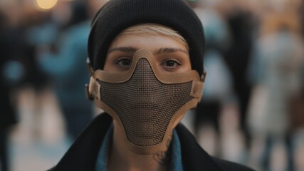 Fototapeta na wymiar Portrait of young woman with face mask in the crowd. High quality photo