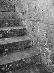 close view of ancient stone stairs in black and white