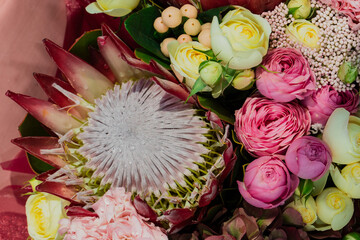 Beautiful Protea flowers in a bouquet with bright red petals and some greenery.