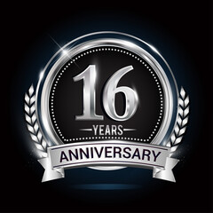 16th silver anniversary logo with laurel wreath, ribbon and silver ring. vector design