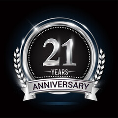 21st silver anniversary logo with laurel wreath, ribbon and silver ring. vector design