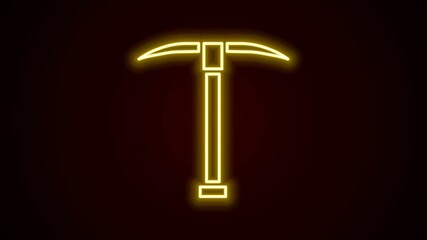 Glowing neon line Pickaxe icon isolated on black background. 4K Video motion graphic animation