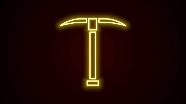 Glowing neon line Pickaxe icon isolated on black background. 4K Video motion graphic animation