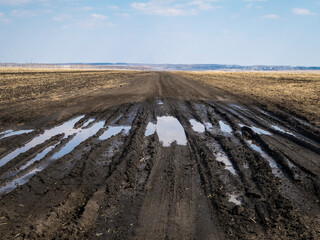 Dirt road with puddles in spring