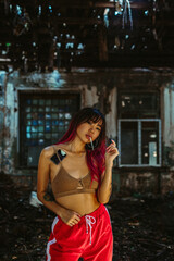 Obraz na płótnie Canvas Girl Smoking, construction, ruins, darkness, tattoo, smoke, Asian, red hair, top, underwear, Chernobyl, construction 