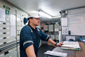 Marine engineer officer in engine control room ECR. Seamen's work. He does check and coltrol of...