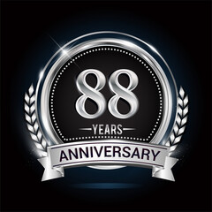 88th silver anniversary logo with laurel wreath, ribbon and silver ring. vector design