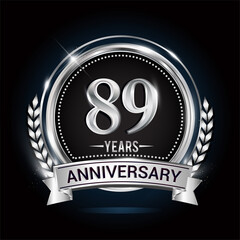 89th silver anniversary logo with laurel wreath, ribbon and silver ring. vector design