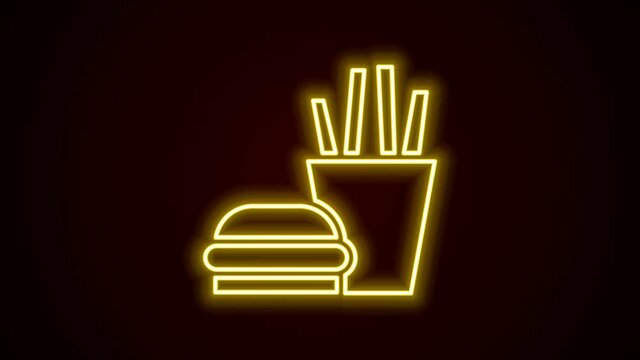 Glowing neon line Burger and french fries in carton package box icon isolated on black background. Hamburger, cheeseburger sandwich. Fast food. 4K Video motion graphic animation