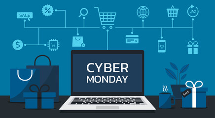 Cyber Monday online sale web banner concept on laptop computer screen with shopping bags, gift boxes, and icon, Seasonal e-commerce, vector illustration