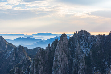 The sea of clouds in the winter morning in the North Seascape of Huangshan Mountain, Anhui, China