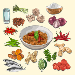 Keu Mamah Traditional Food From Aceh And Ingredients Illustration, Sketch And Vector Style, Good to use for food element print. Indonesian cuisine, recipe book, and food element concept.