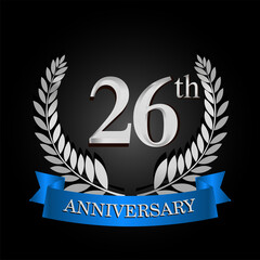 26th anniversary logo with blue ribbon and laurel wreath, vector template for birthday celebration.