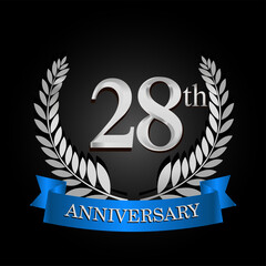 28th anniversary logo with blue ribbon and laurel wreath, vector template for birthday celebration.