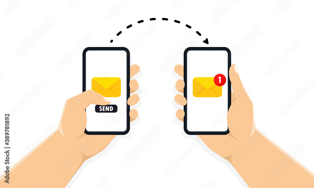 Poster two hands holding smartphone with new message notification on screen. notification of a mobile phone
