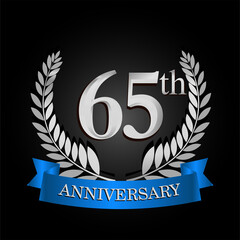 65th anniversary logo with blue ribbon and laurel wreath, vector template for birthday celebration.