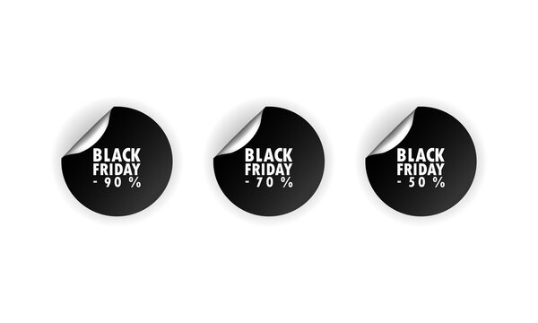 Black friday stiker. Sale sticker. Round stikers discount label on transparent backdrop up to 50, 70, 90 percent. Black friday. Vector flat cartoon illustration for web sites