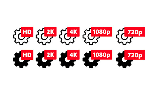 Video quality symbol HD, Full HD, 2K, 4K, 720p, 1080p icon set. Gears with quality sign. High definition display resolution icon standard. Vector flat cartoon illustration for web sites.