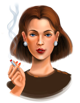 Pretty woman smoking cigarette. Digital illustration