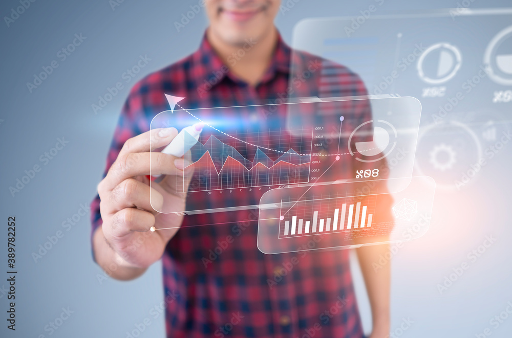 Poster businessman employee using modern smart computer technology hologram user interface ui working using