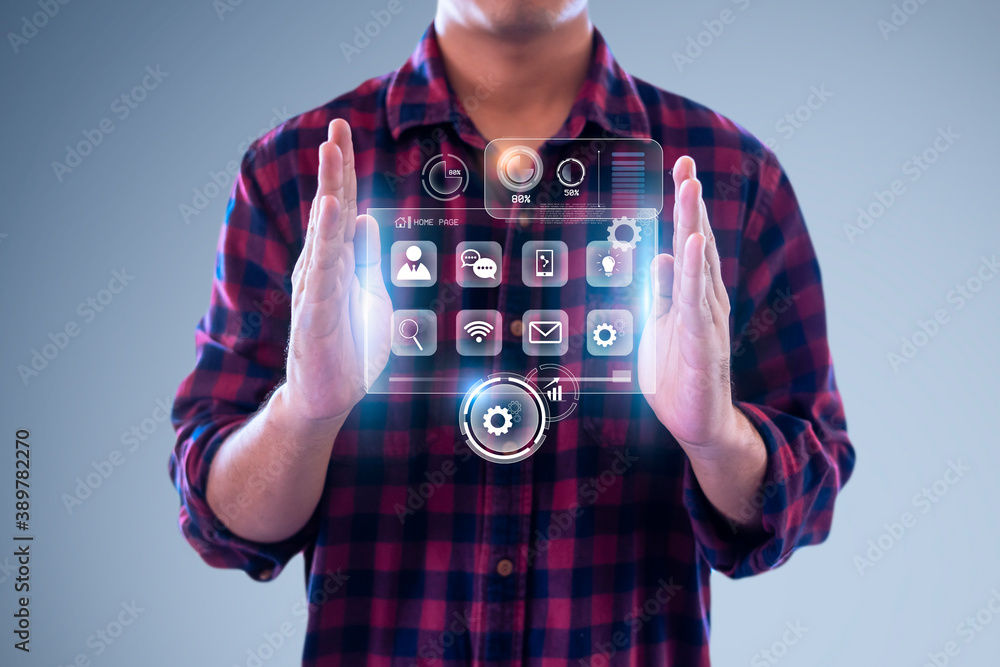 Poster businessman employee using modern smart computer technology hologram user interface ui working hands