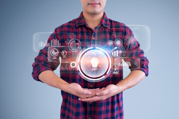 Businessman employee using modern smart computer technology hologram user interface UI working hands holding graphical bar planning data information analyzing statistics, isolated blue background
