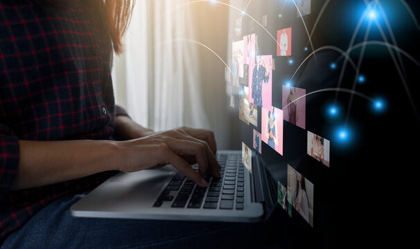 Ecommerce online shopping business using laptop computer smart technology wireless internet communication, entrepreneur owner retail, researching panning product user interface futuristic graphics