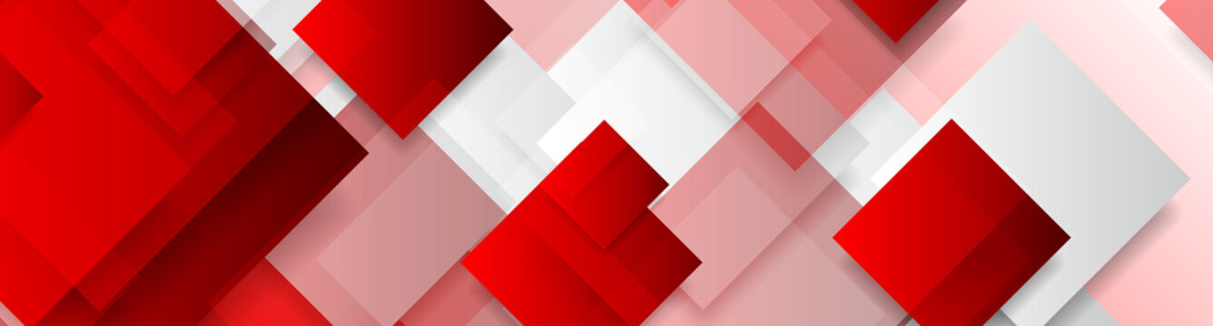 Red and grey glossy squares abstract tech banner design. Geometric vector background