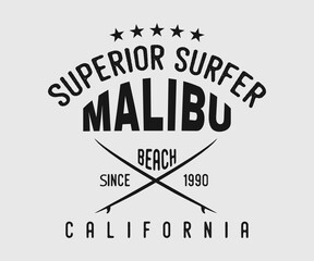 Surfing vintage Design. Superior Surfer Malibu Beach Since 1990- California. Camping surf badge design Happiness Comes in Waves.T Shirt Typography Design. Vector Illustration Symbol Design.
