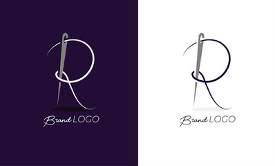 Letter R Tailor logo, letter R from thread and needle combination, Flat Logo Design Template, vector illustration
