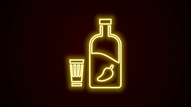 Glowing neon line Vodka with pepper and glass icon isolated on black background. Ukrainian national alcohol. 4K Video motion graphic animation