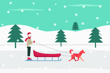 Winter vector concept: Male teenage riding sled with one dog at the park in winter time