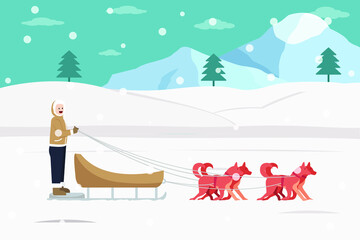 Winter vector concept: Man riding sled dog at the park in winter time