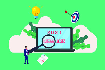 New Job vector concept: Businessman in face mask searching New Job online with a magnifying glass on the laptop with number 2021 year