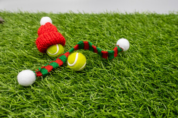 Tennis Christmas Holiday with tennis ball and Santa hat on green grass