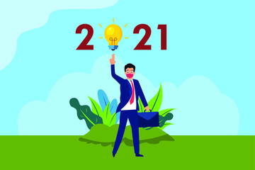 Fototapeta premium Business idea vector concept: Businessman in face mask thinking idea while pointing at lightbulb with number 2021