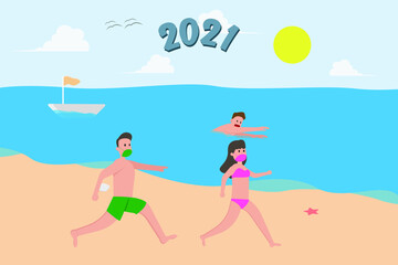 New normal in new year vector concept: Young couple running on the seashore together while wearing protective mask with number 2021