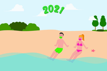 Obraz na płótnie Canvas New normal in new year vector concept: Young couple running on the seashore together while wearing protective mask with number 2021
