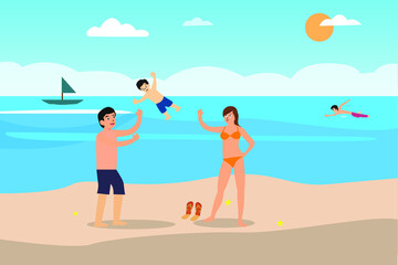 Obraz na płótnie Canvas Summer holiday vector concept: Young parents and little son playing on the beach while enjoying summer holiday