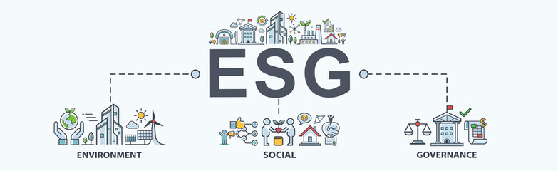 ESG banner web icon for business and organization, Environment, Social, Governance, corporate sustainability performance for investment screening.