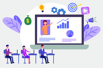 Online training vector concept: Group of worker attending online training discussing financial graph