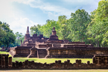 Landmark of Buddha image made of ancient bricks in the Kamphaeng Phet Historical Park, Thailand.